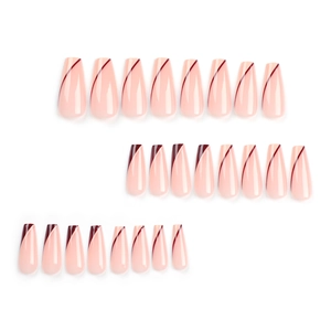 Glossy long coffin press-on nails with pink and deep red diagonal stripe design