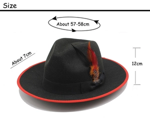 Detail of wool jazz hat with red trim, feather accent and dimensions 57-58cm