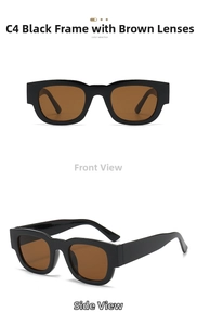 Vue détaillée de lunettes de soleil rectangulaires noires à verres thé sous deux angles divers