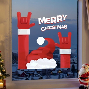 Christmas Window Stickers Static Cling PVC Reversible Merry Christmas Santa Hat Hand Gesture Shop Glass Holiday Decor