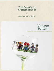 Detail of vintage glassware featuring colorful folk art portraits and a green glass stem