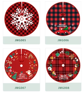 Detailed grid of festive Christmas tree skirts with Merry Christmas prints and ties