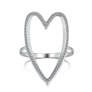Polished S925 sterling silver open heart ring with sparkling pave cubic zirconia