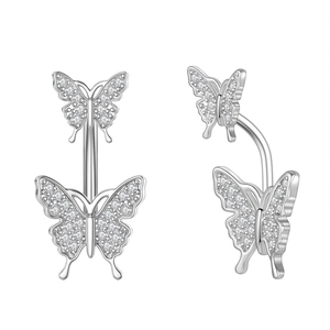 Detailed view of silver navel ring featuring double zircon butterflies on white background