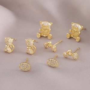 Elegant 18K gold plated earring set with bear cat and heart designs and white zircon