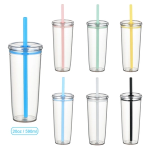 Set of seven 20oz 590ml Tritan straw cups in assorted colors with clear plastic bodies