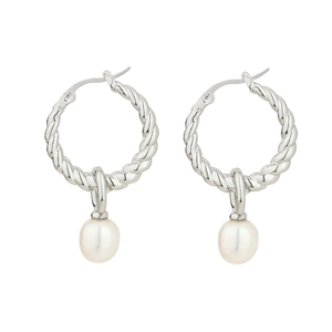Silver twisted hoop earrings with elegant white pearl drops on a clean white background