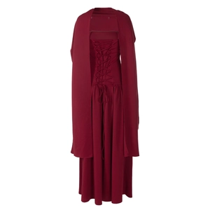 Detailed view of the dark red vintage dress featuring cross lace-up back and long split shawl