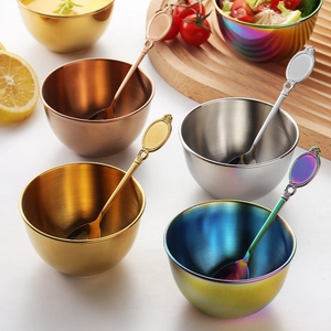 Golden stainless steel dip bowl set with vintage spoons in multiple metallic finishes