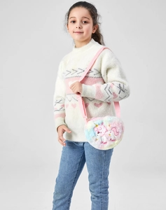 Detail shot of a cute fluffy unicorn crossbody bag with colorful plush material and pink strap.