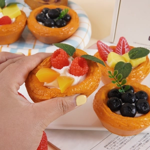 Realistic artificial fruit egg tart model with various berries and peach for home decor
