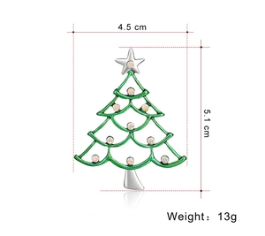 Detailed view of enamel Christmas tree brooch with dimensions 4.5cm by 5.1cm