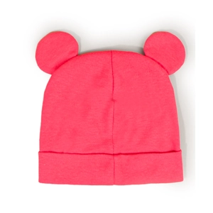 Detailed close-up of pink knitted baby hat with bear ears and soft cotton texture