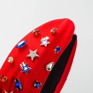 Red knotted headband with rhinestones and American flag star charms for women
