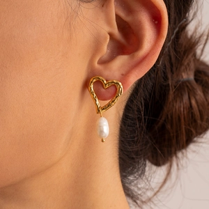 Heart Shaped Hammered Gold Dangle Earrings With Freshwater Artificial Baroque Pearl Vintage French Style Jewelry For Women