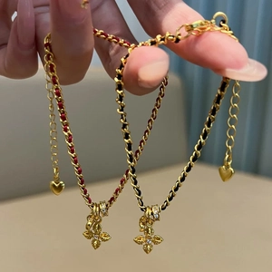 Vintage 18K gold plated heart bracelet with woven rope and cross pendant for women
