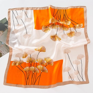 Elegant Ginkgo Leaf Print Faux Satin Square Scarf Lightweight Neck Kerchief Fashionable Head Wrap For Women