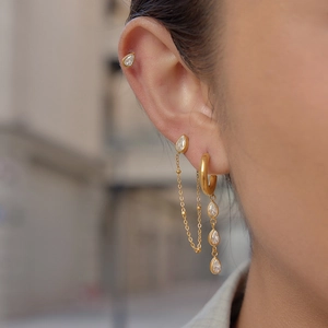 Macro shot of 18K gold plated steel drop earrings with shimmering zircon fringe on ear