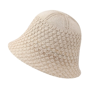 Chapeau bob en tricot crème beige pour femme avec motif de vagues ajouré été
