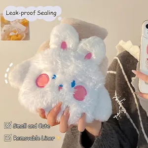 Cute white plush rabbit water bottle cover with embroidery detail and soft texture