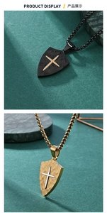 Detail of shield-shaped cross pendants featuring vintage bark texture and box chains