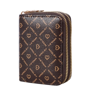 Dark brown double zipper mini wallet with Madley lettering and heart pattern