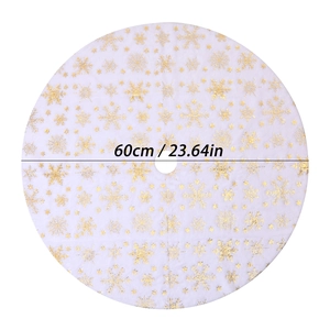 Detail of 60cm white plush Christmas tree skirt featuring golden glitter snowflake patterns