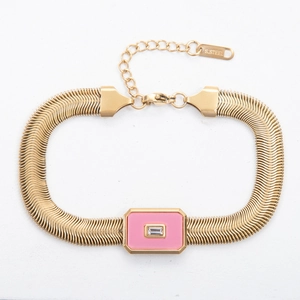 Detail of pink enamel rectangle charm with crystal on gold-tone stainless steel snake chain