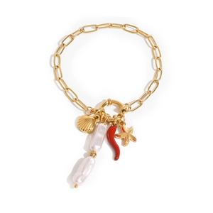Golden nautical necklace with baroque pearl, starfish, shell, and red chili charms