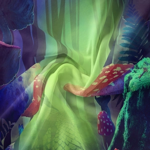 Macro shot of silk bohemian mushroom tapestry fabric with surreal forest key pattern