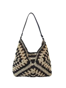 Borsa hobo in paglia con motivi geometrici neri e beige e tracolla