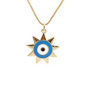 Gold plated star pendant necklace with Turkish evil eye detail on white background