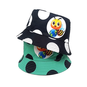 Kids polka dot bucket hats featuring a cute cartoon bee print for outdoor sun protection