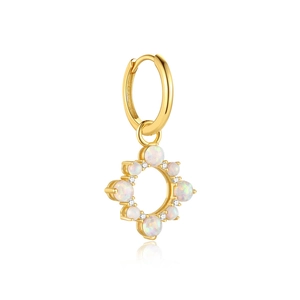 Macro detail of gold hoop earring featuring a white opal cluster pendant with sparkling gems