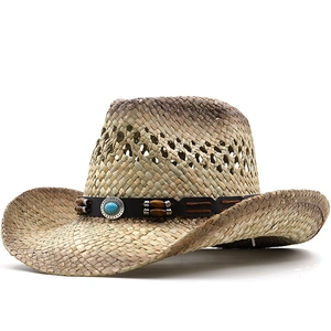 Chapeau De Cowboy Western En Paille Perle Turquoise Bande Similicuir Large Bord Protection Solaire Extérieur Pour Unisex