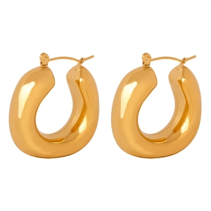 Polished thick gold U-shape geometric hoop earrings in minimalist titanium steel style