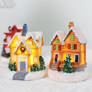 Lighted Christmas miniature resin house figurines with warm LED glow and glitter snow