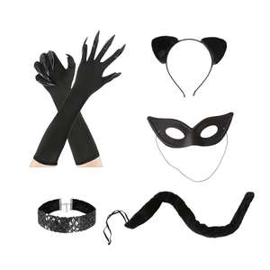 5-piece black cat cosplay set with ears headband, tail, mask, collar, and long gloves