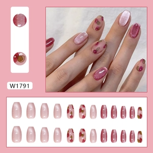 Kit de 24 faux ongles œil de chat rose avec motifs de fleurs et de cerises élégants