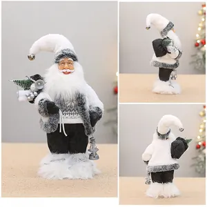 Three-way view of a stylish grey Santa figurine showing front, side, and back details