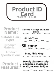 Detailed product ID card for silicone scalp massager brush specifying materials and features
