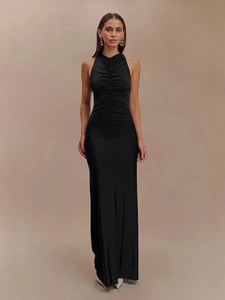 Elegant black sleeveless halter neck maxi dress with ruched detail and slim fit design