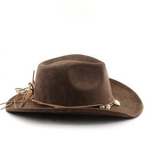 Detail of dark brown suede cowboy hat with turquoise beads and shell trim decoration