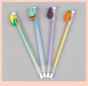 Detail of four creative vegetable-shaped silicone pens including carrot and corn designs
