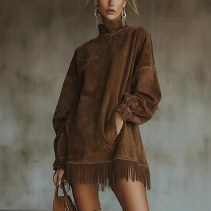 Brown high-neck suede mini dress with long tassel fringe hem and relaxed loose fit
