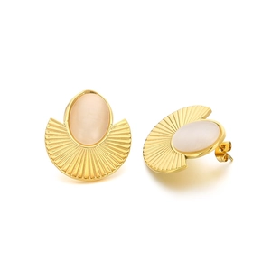 Retro stainless steel fan-shaped gold earrings with oval pink cat eye stones