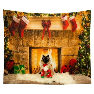 Detailed view of Christmas tapestry featuring a plush cat by a cozy fireplace and gifts