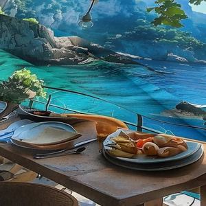 Detail of Mediterranean seaside landscape tapestry used as a cozy wall background decor