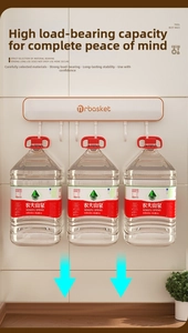 Wall-mounted kitchen rack showing heavy-duty load capacity with 6 hooks holding water bottles