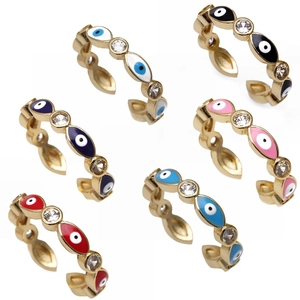 Evil Eye Adjustable Ring Copper Enamel Cubic Zirconia Inlay Micro Pave Turkish Style Jewelry For Women